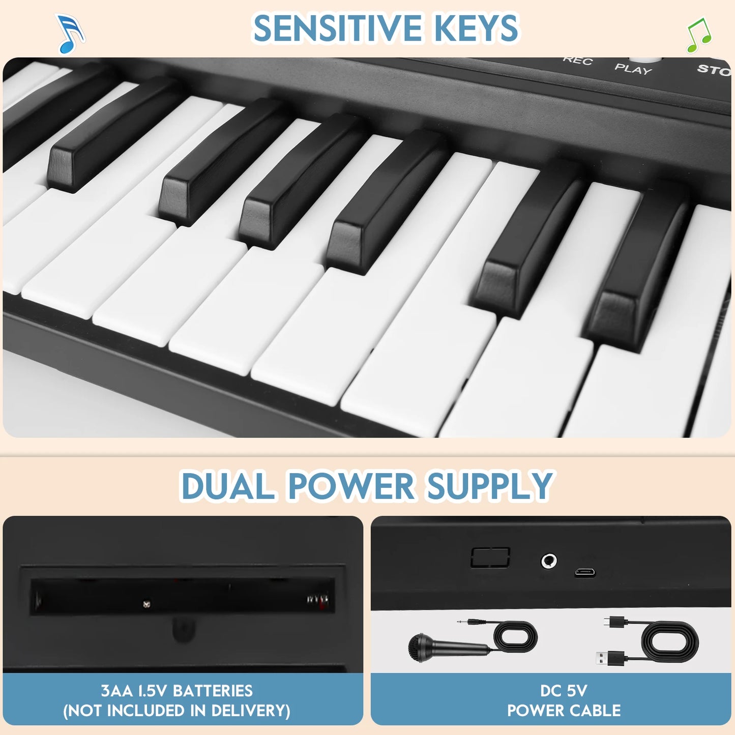 Kids Piano Keyboard 37 Keys Electronic Musical Multi Functional with Microphone USB Dual Speakers
