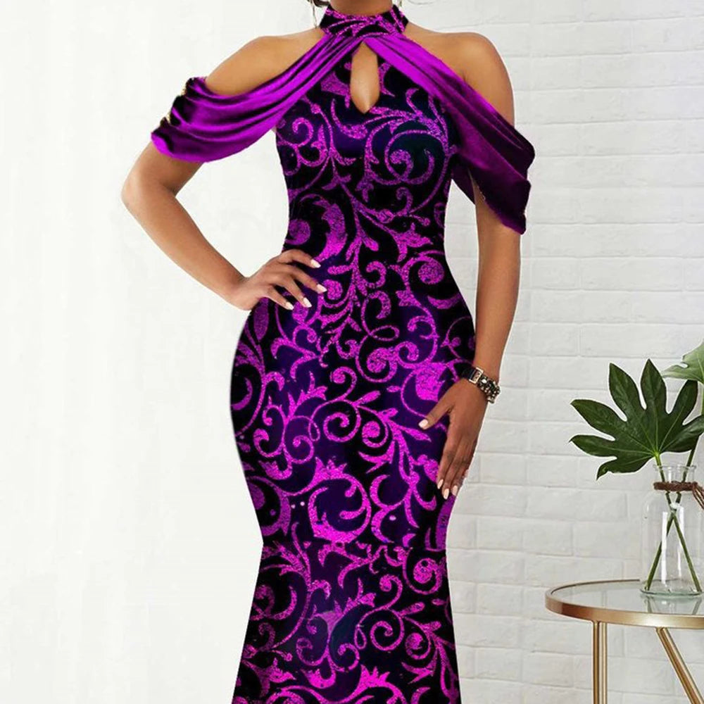 Plus Size Shining Bib Neck Cold Shoulder Mermaid Formal Dress