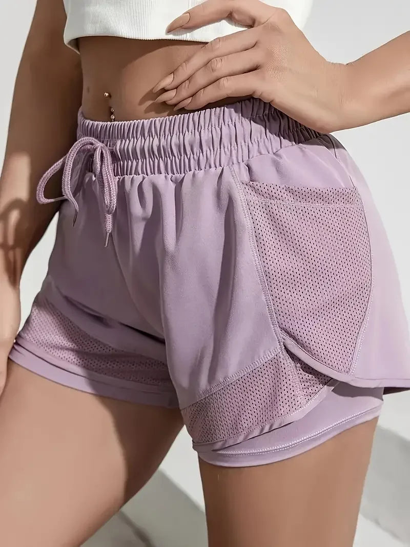 Women Running Sport Shorts High Waist Breathable Mesh Sweat Fitness Shorts Elasticity 2 in 1 Pants Yoga