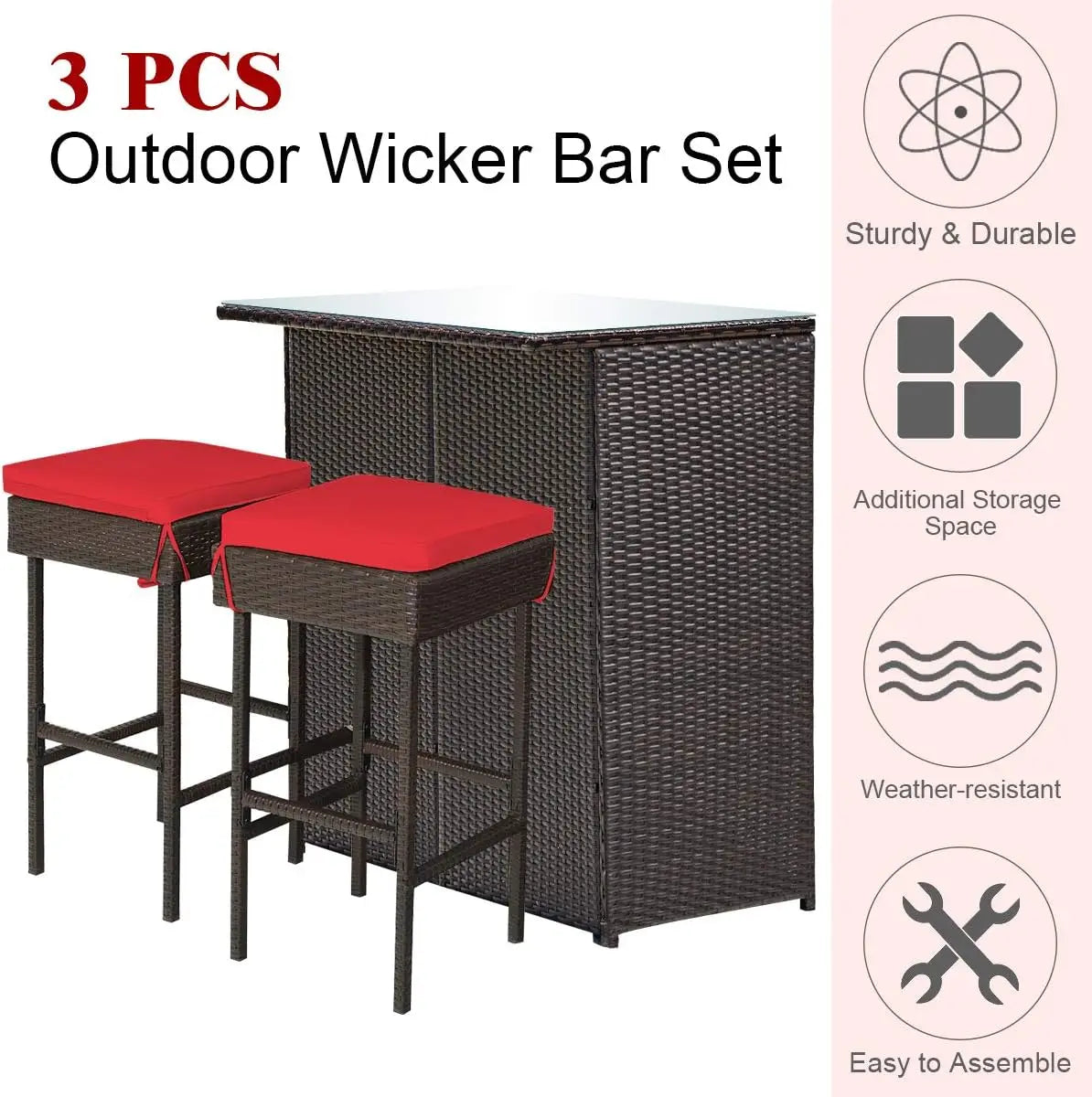 , 3 Piece Outdoor Rattan Wicker Bar Set with 2 Cushions Stools & Glass Top Table, for Patios