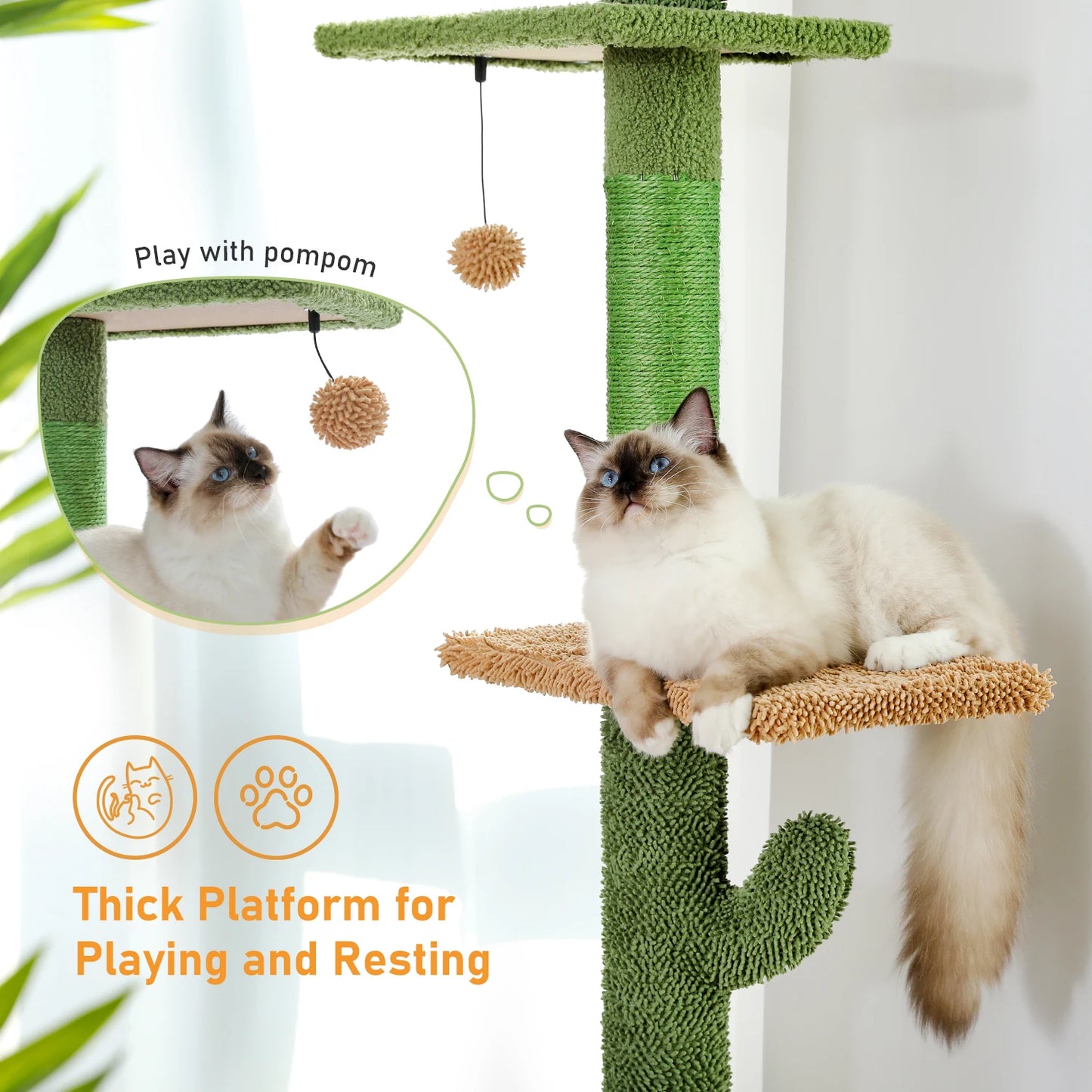 Cat Tree 5-Tier Floor to Ceiling Cat Tower Cactus Tall Climbing Tree