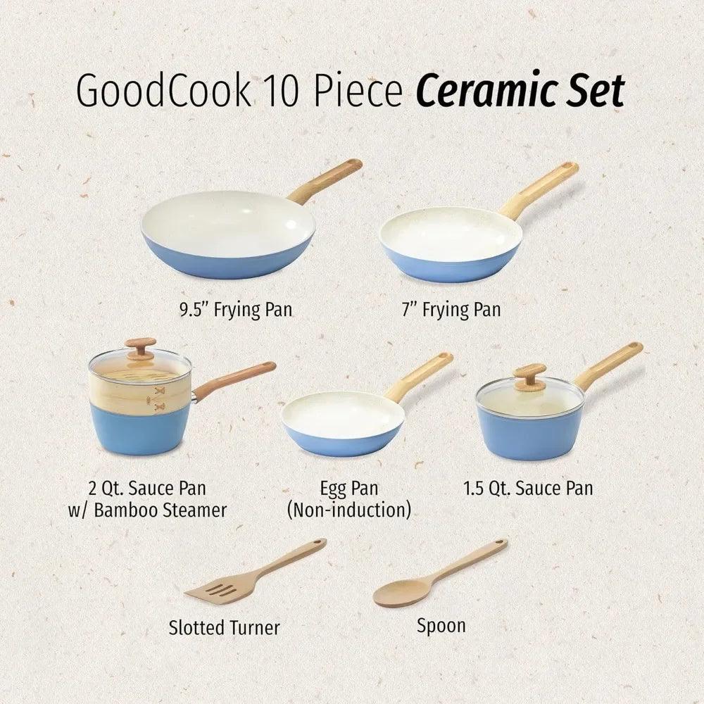 Ceramic Titanium-Infused Cookware Set,Light Blue–Pots,Pans,Steamer,Spoon&Turner–Induction Cookware Kitchen Pots Pans Set