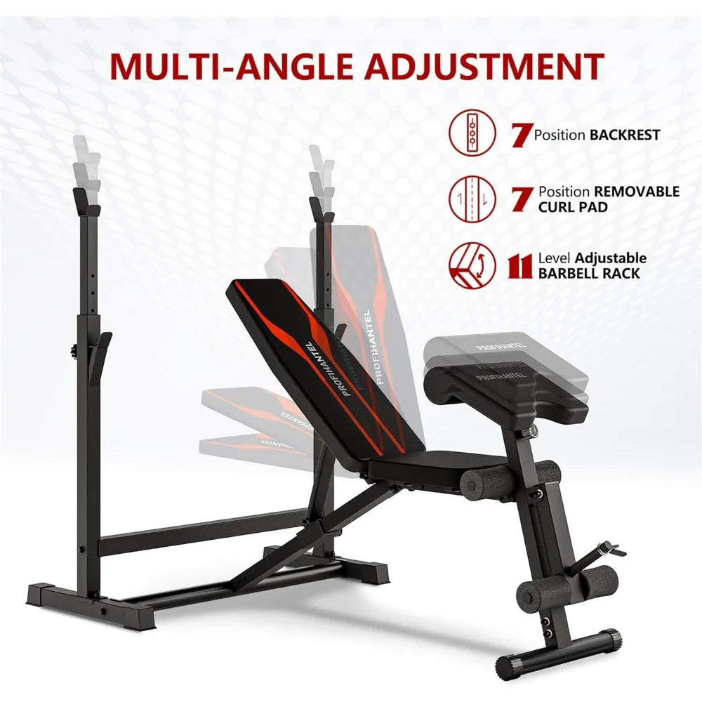 Adjustable Weight Bench, Bench Press Rack with Squat Rack, Leg Exercises Preacher Curl Rack for Home Gym Full Body Workout