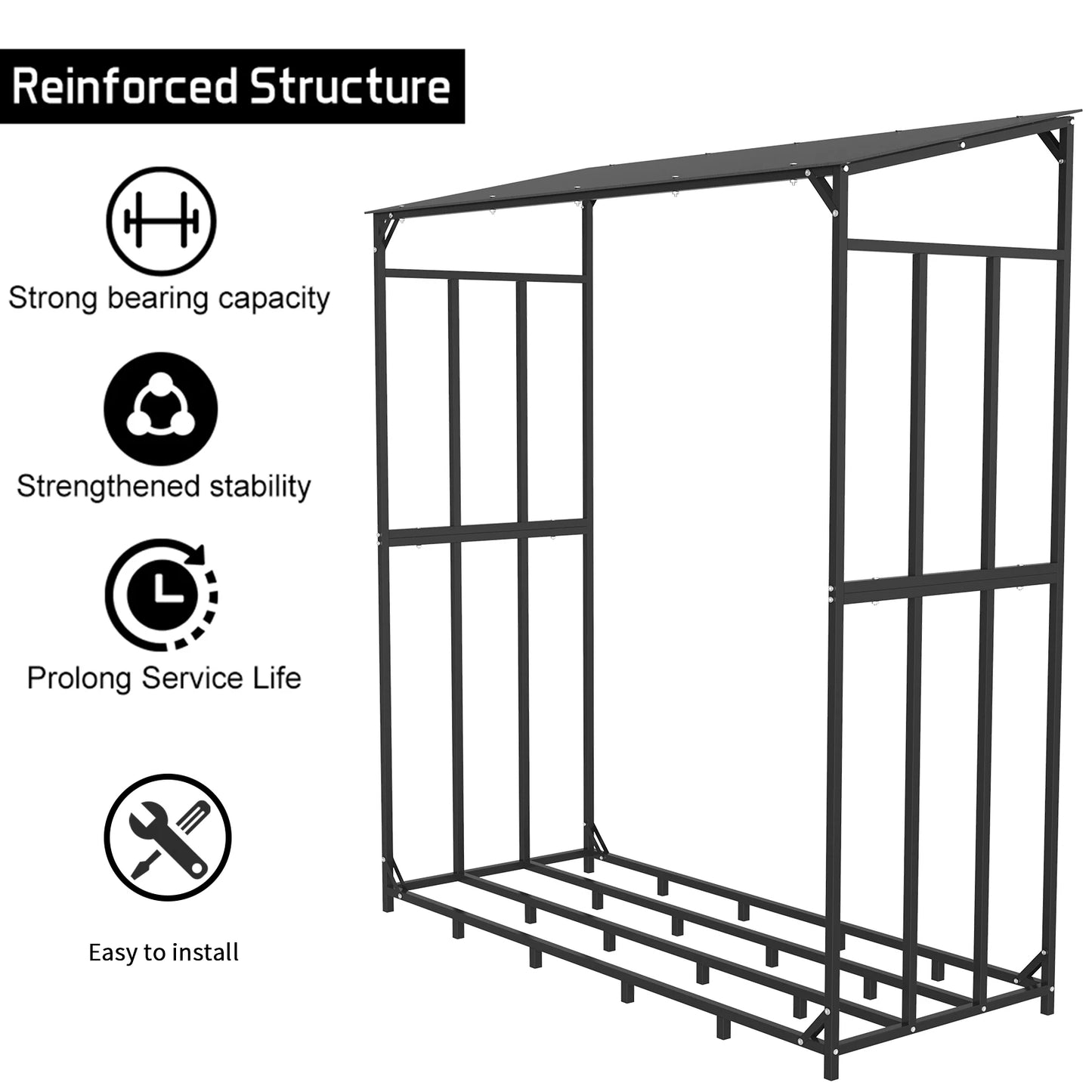 Heavy Duty Outdoor Firewood Storage Log Rack Metal Stand with Top Cover