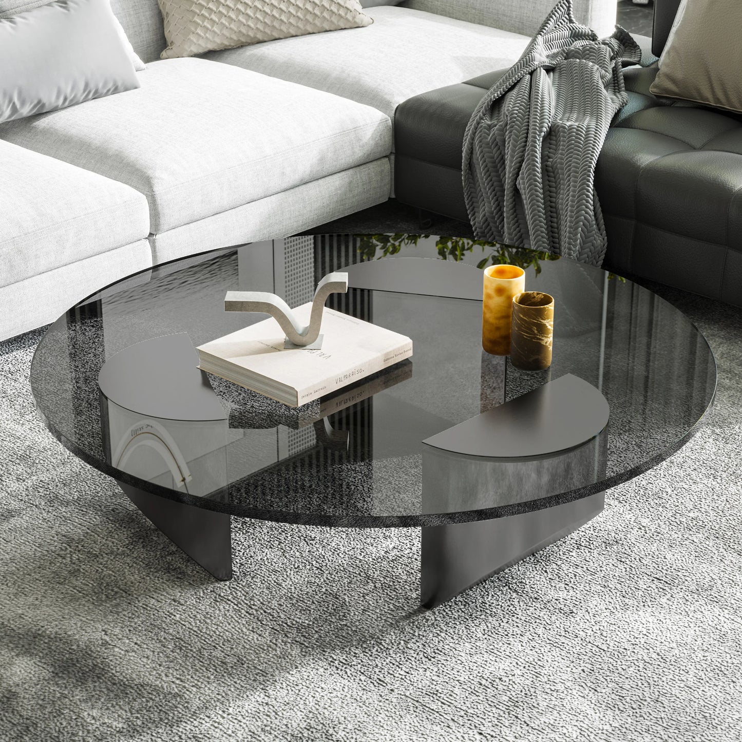Round Coffee Glass Table Wedge  with Tempered Glass Top End Table for Living Room Home Office