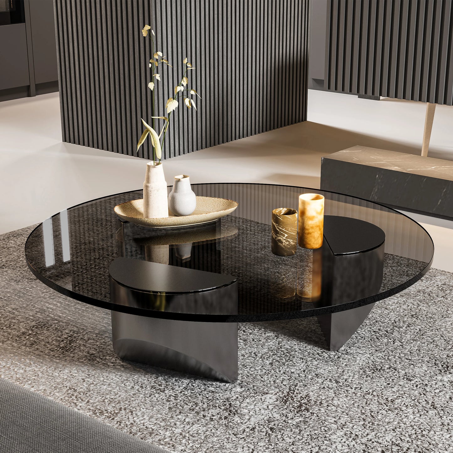 Round Coffee Glass Table Wedge  with Tempered Glass Top End Table for Living Room Home Office