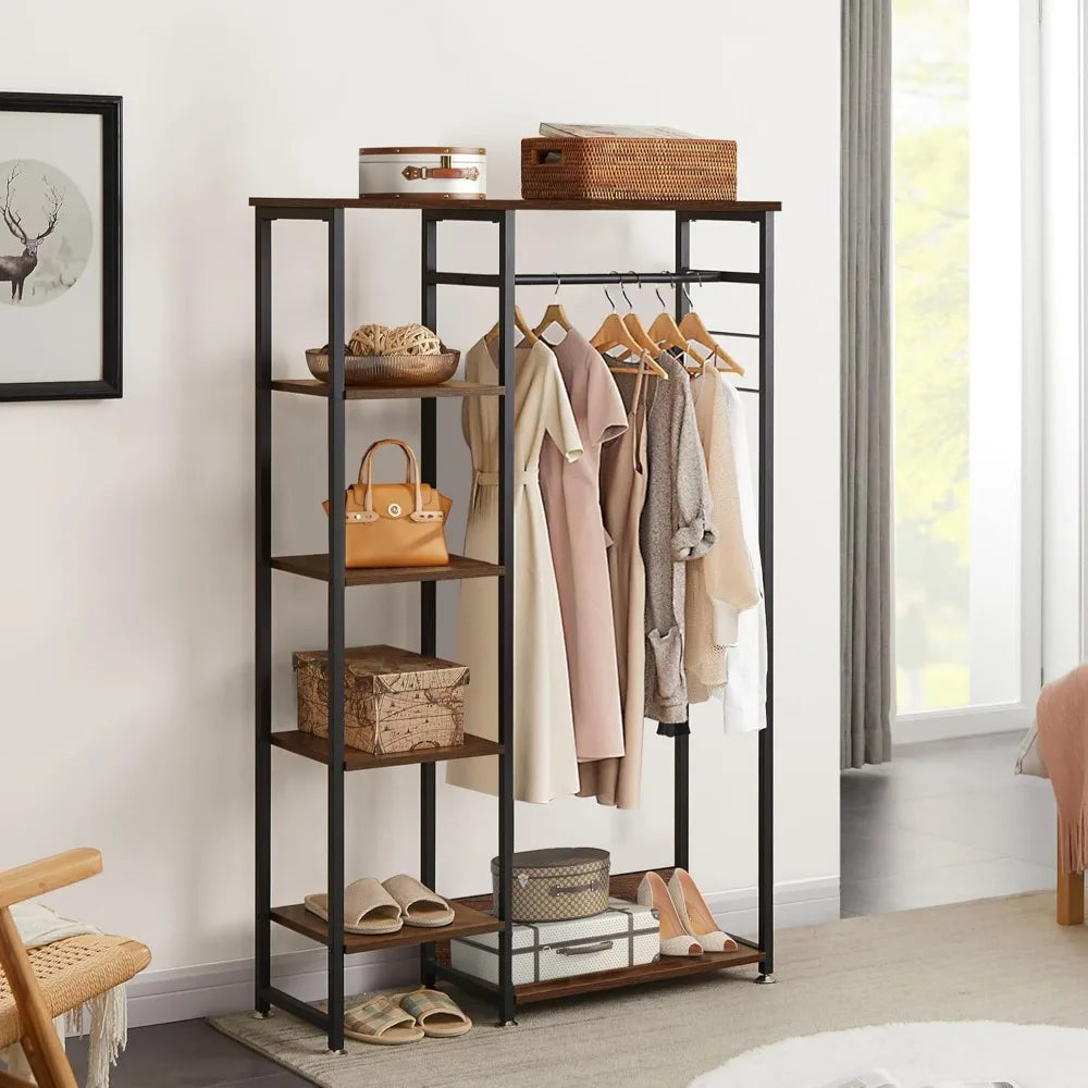 Clothing Rack, Free-Standing Heavy Duty Storage Closet with 5 Shelves and Hanging Rod for Small Spaces