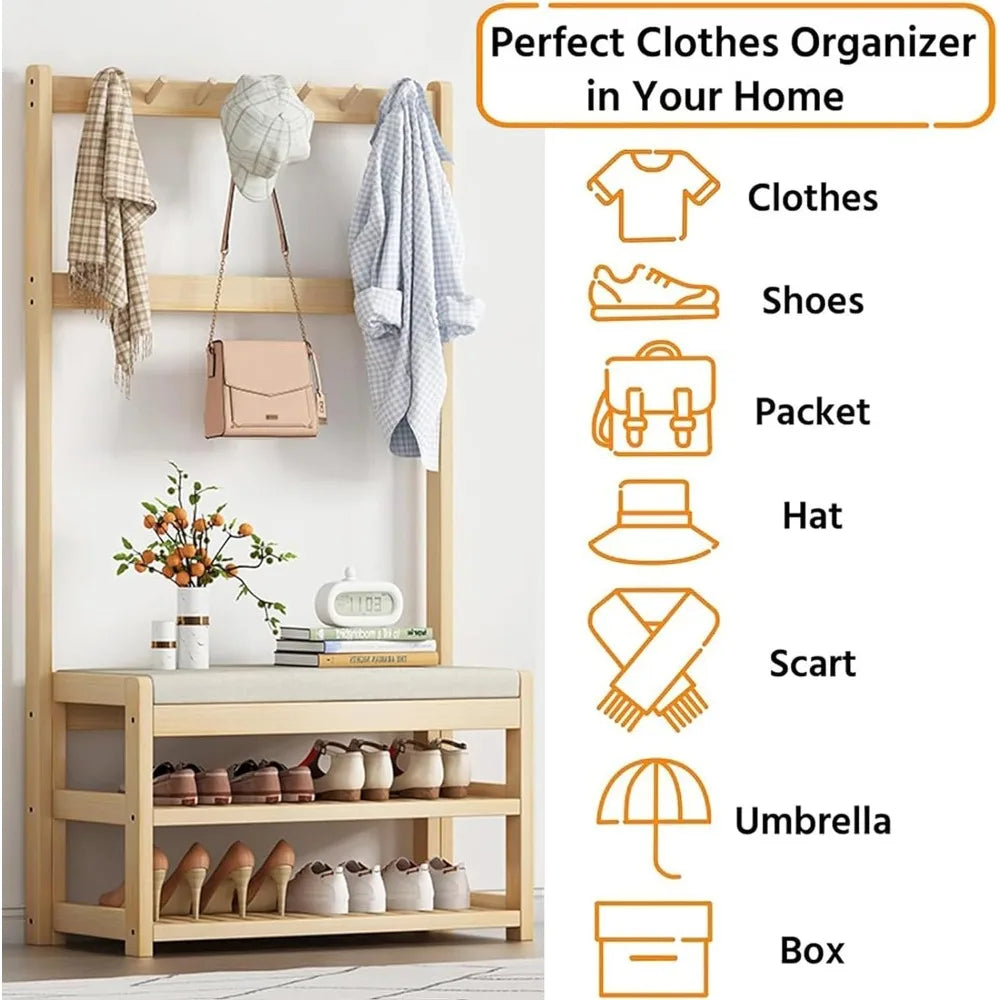 Coat Rack Shoe Bench, Entryway Hall Hat Stand Rod Storage Organizer