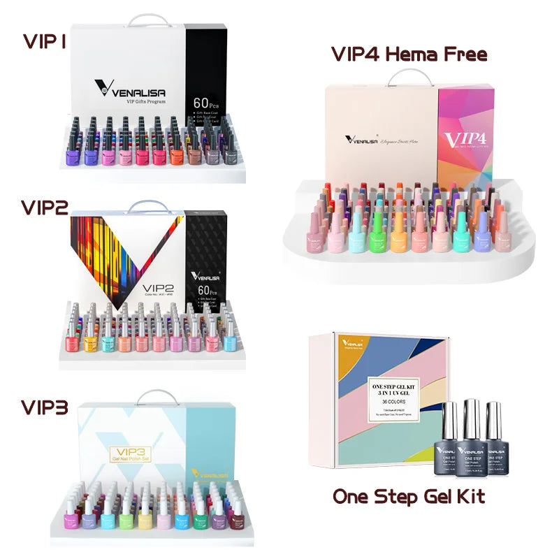NAIL Kit Great Coverage Soak Off UV LED Nail Gel Polish Set Base Long Wear Top Coat Color Palette 60 Colors 7.5ml