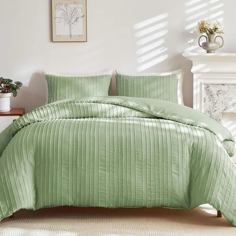 Cover Set Queen Size, Striped Textured Duvet Bedding Set, 3 Pcs Ultra Soft