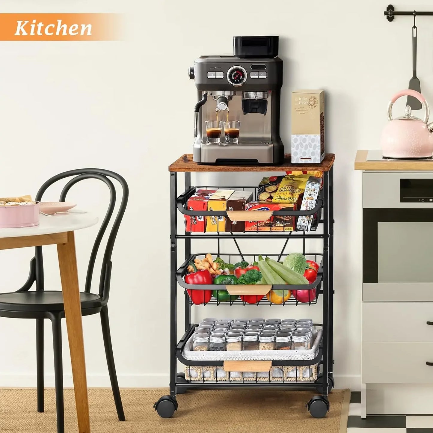 Rolling Storage Cart, 4 Tier Kitchen Island Cart on Wheels with Pull-Out Baskets and Wood Top