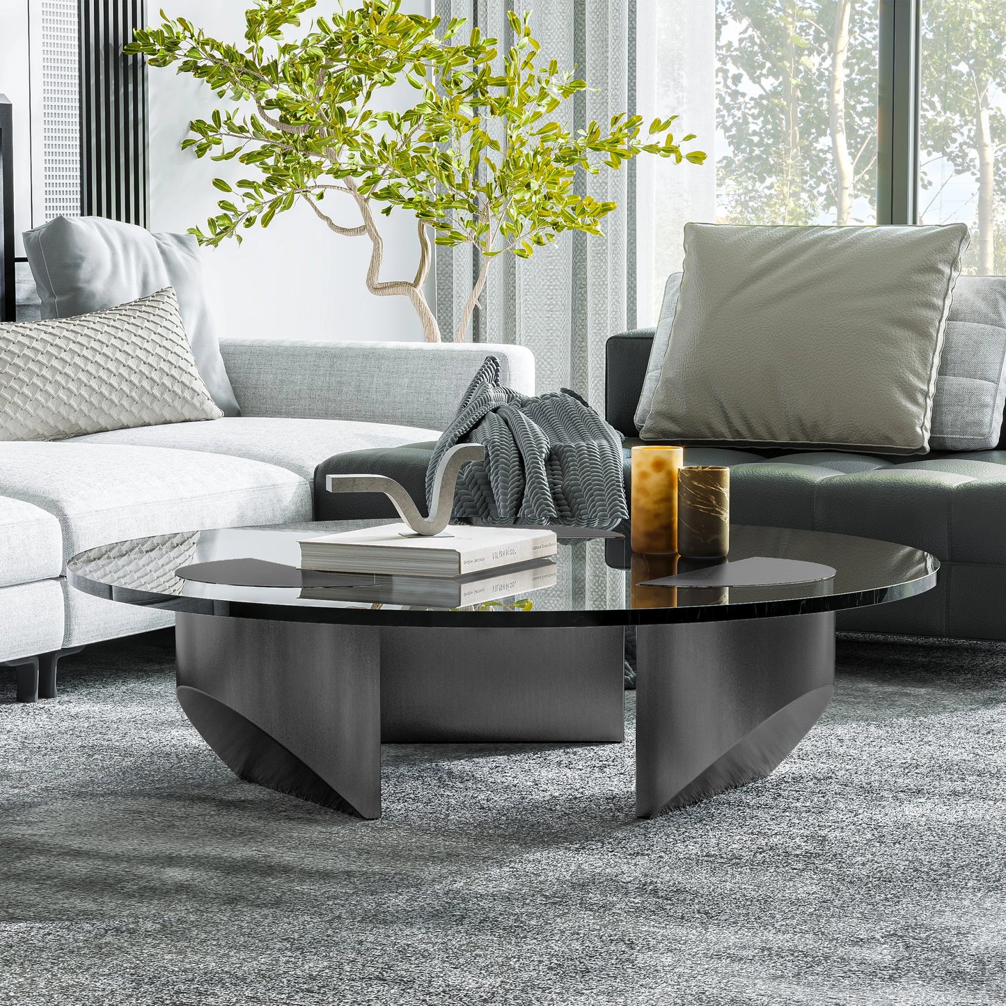 Round Coffee Glass Table Wedge  with Tempered Glass Top End Table for Living Room Home Office