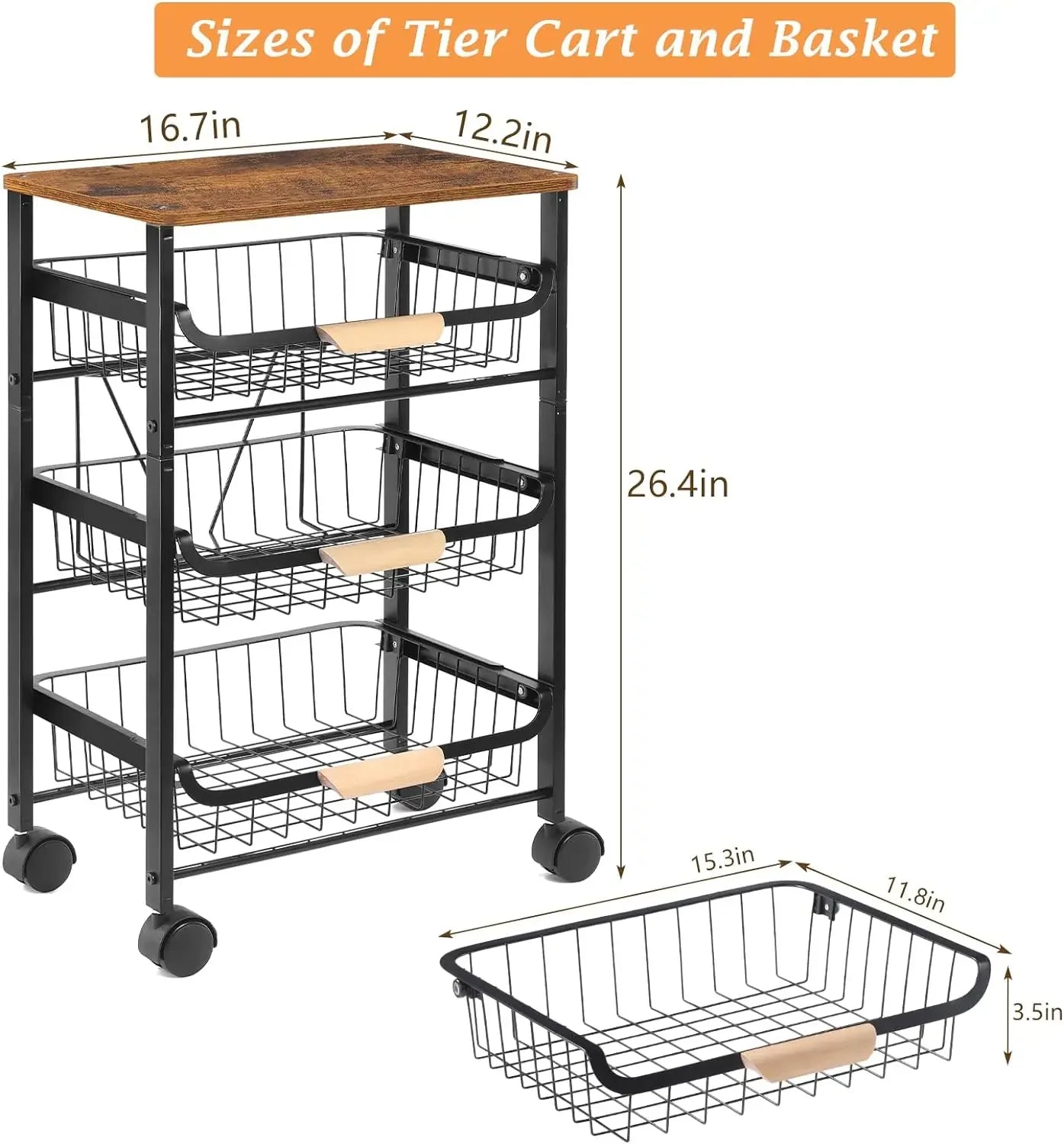 Rolling Storage Cart, 4 Tier Kitchen Island Cart on Wheels with Pull-Out Baskets and Wood Top