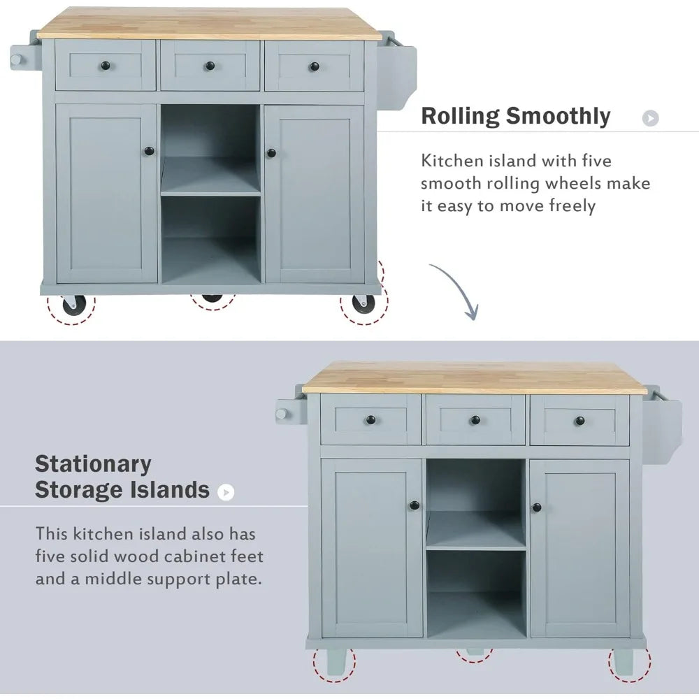 Kitchen Cart on 5 Wheels with Storage Cabinet, Mobile Island with Rubberwood Drop-Leaf Countertop