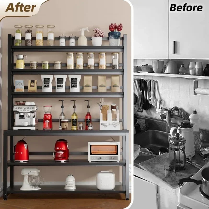 Large Bakers Rack for Kitchens, 6 Tiers  Stand with Hutch & Storage, Freestanding Tall Organizer