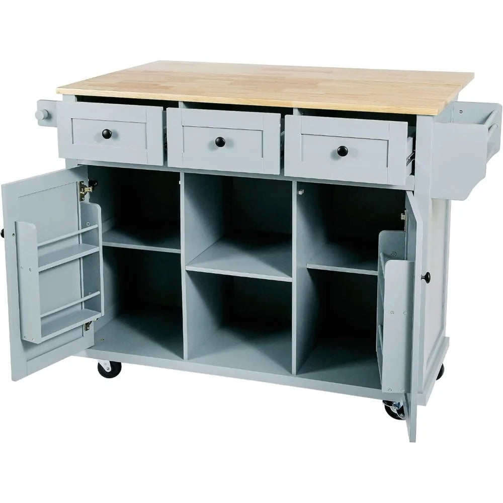 Kitchen Cart on 5 Wheels with Storage Cabinet, Mobile Island with Rubberwood Drop-Leaf Countertop
