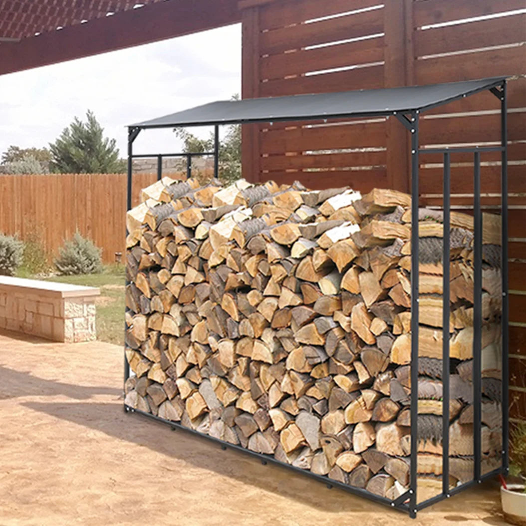 Heavy Duty Outdoor Firewood Storage Log Rack Metal Stand with Top Cover