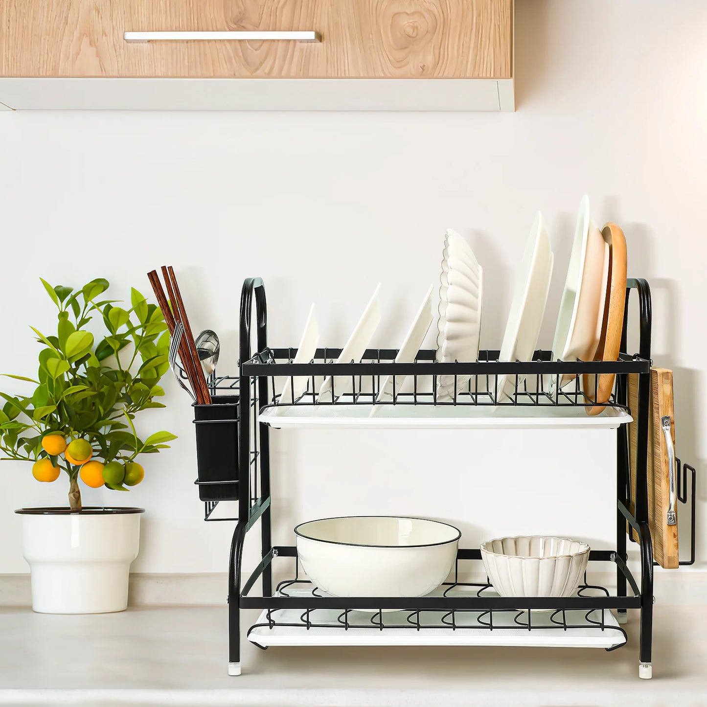 Tier Dish Drainer Rack Kitchen Plate Cutlery Drying Holder