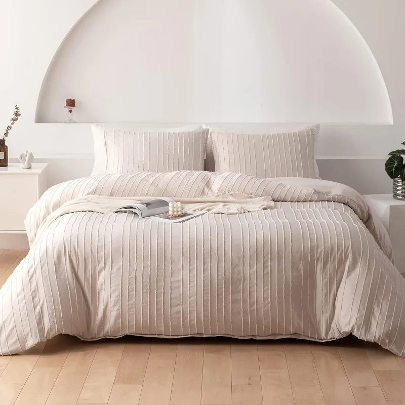 Cover Set Queen Size, Striped Textured Duvet Bedding Set, 3 Pcs Ultra Soft
