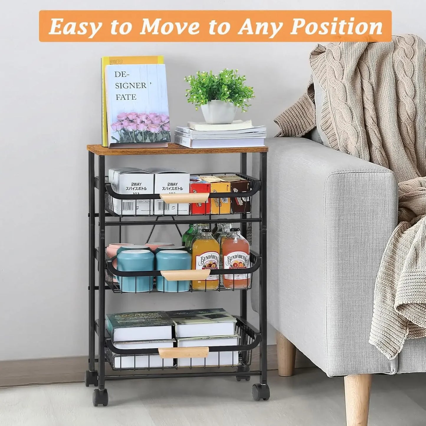 Rolling Storage Cart, 4 Tier Kitchen Island Cart on Wheels with Pull-Out Baskets and Wood Top