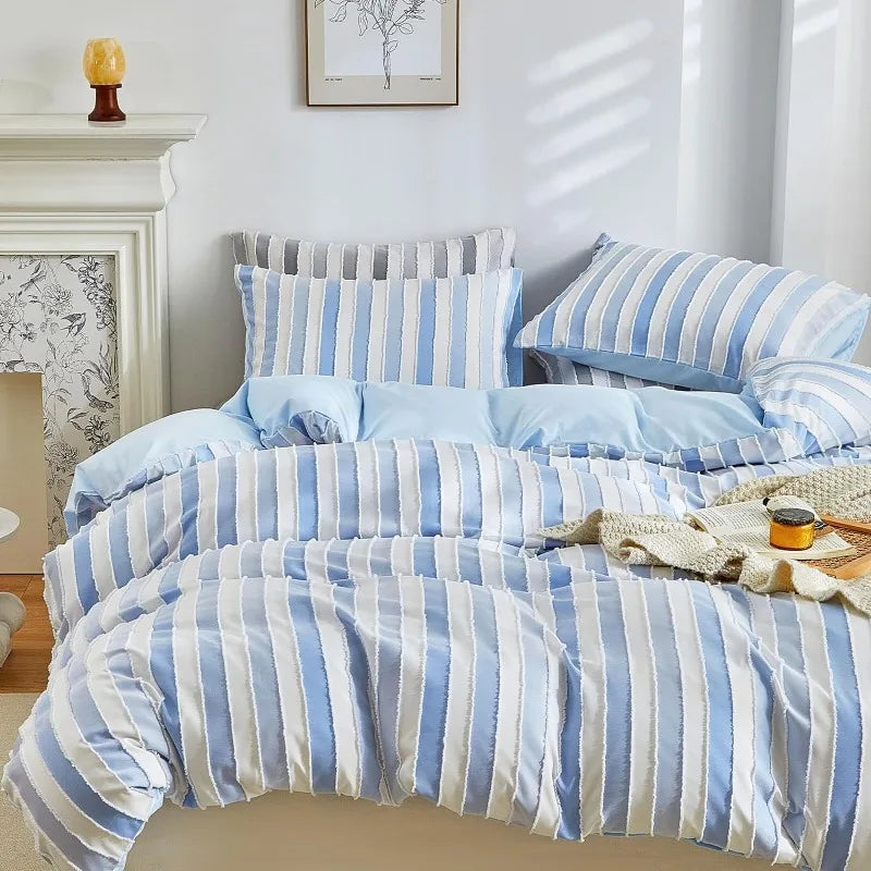 Cover Set Queen Size, Striped Textured Duvet Bedding Set, 3 Pcs Ultra Soft