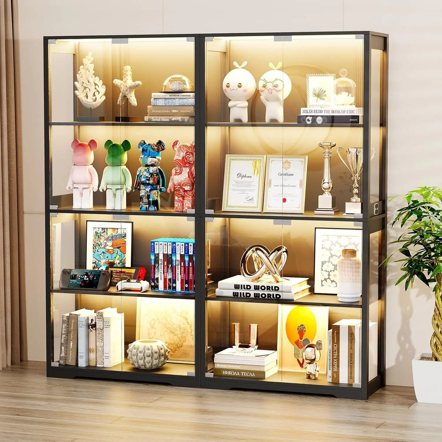 Display Cabinet with Glass Doors, Storage Cabinet with 3 Color Light, 4-Tier  for Collectibles,