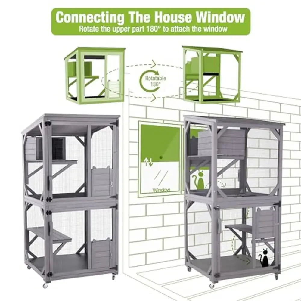 Outdoor Cat House Enclosure with 4 Wheels Large Wood Kitty Catio Resting Box 3-Tiered
