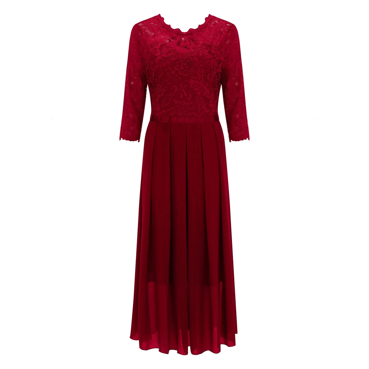 Solid Color Elegant Dresses for Women Lace Chiffon Hollowed Pleated Large Hem A-Line