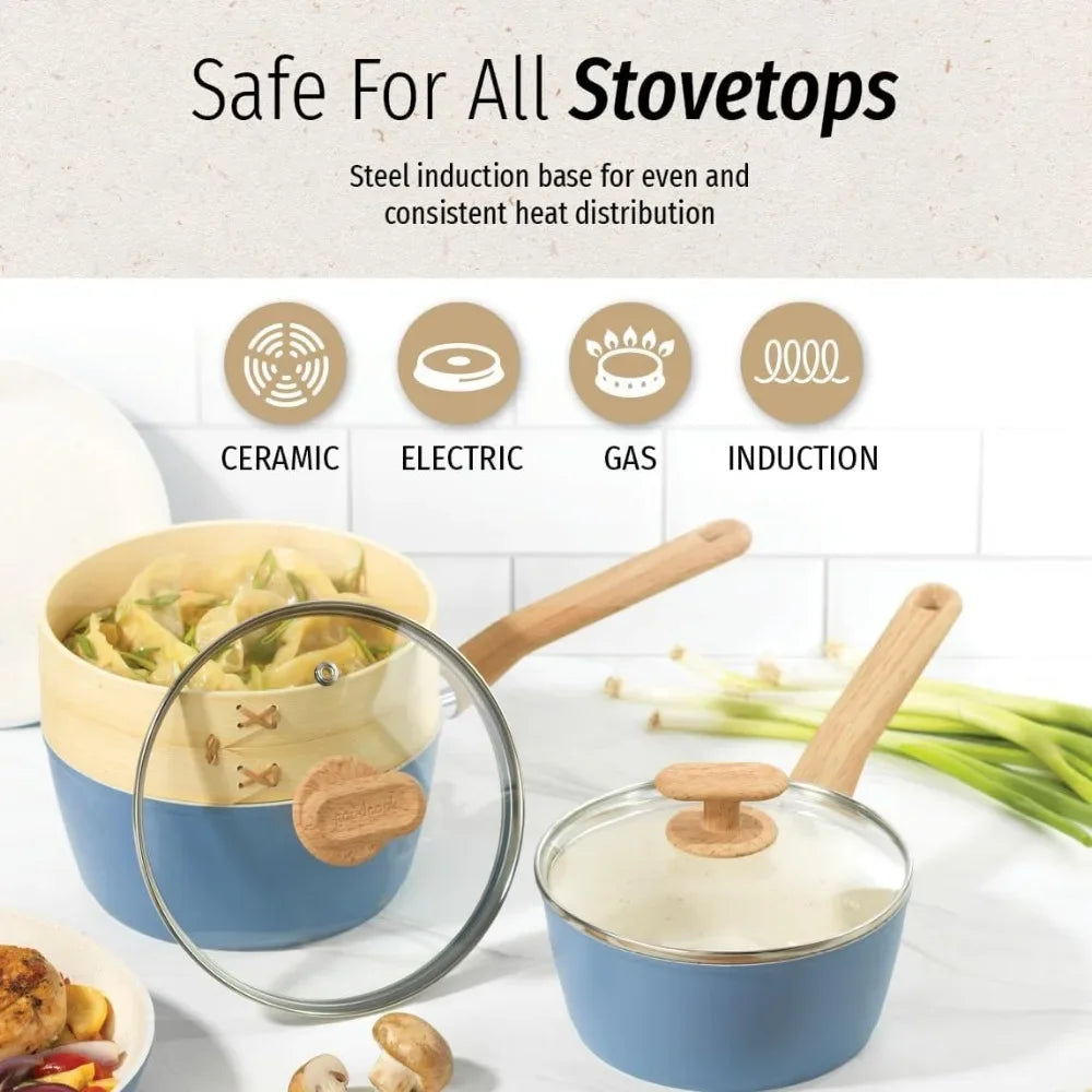 Ceramic Titanium-Infused Cookware Set,Light Blue–Pots,Pans,Steamer,Spoon&Turner–Induction Cookware Kitchen Pots Pans Set