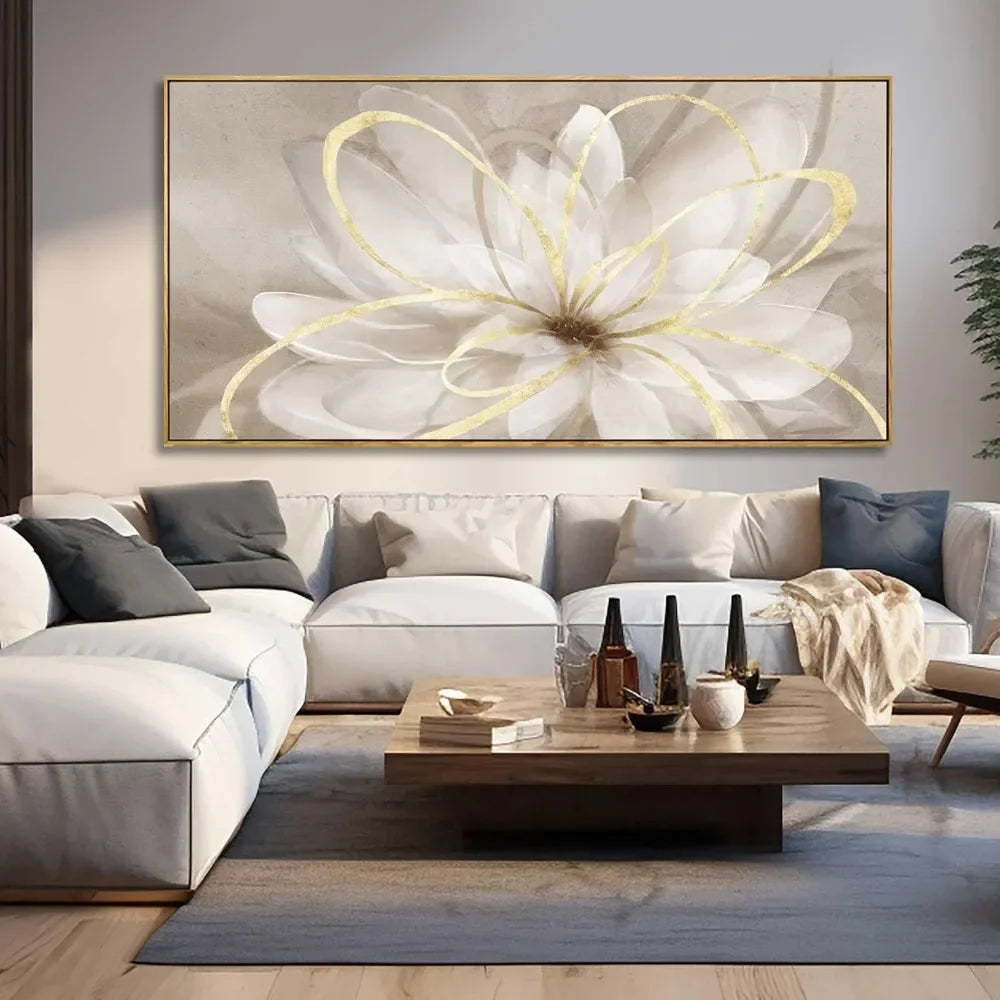 Large Canvas Wall Art Living Room Decors Gold Walls Decor Artwork White Floral 30x60
