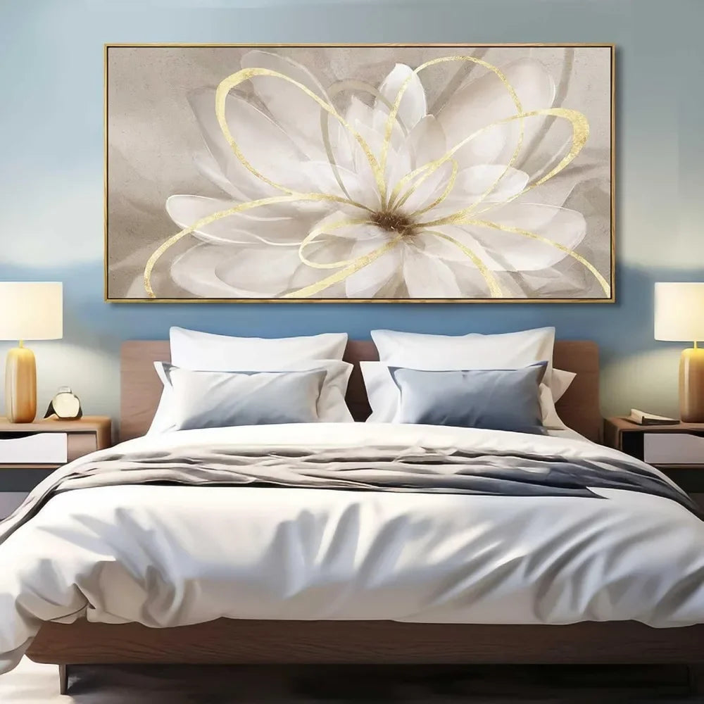Large Canvas Wall Art Living Room Decors Gold Walls Decor Artwork White Floral 30x60