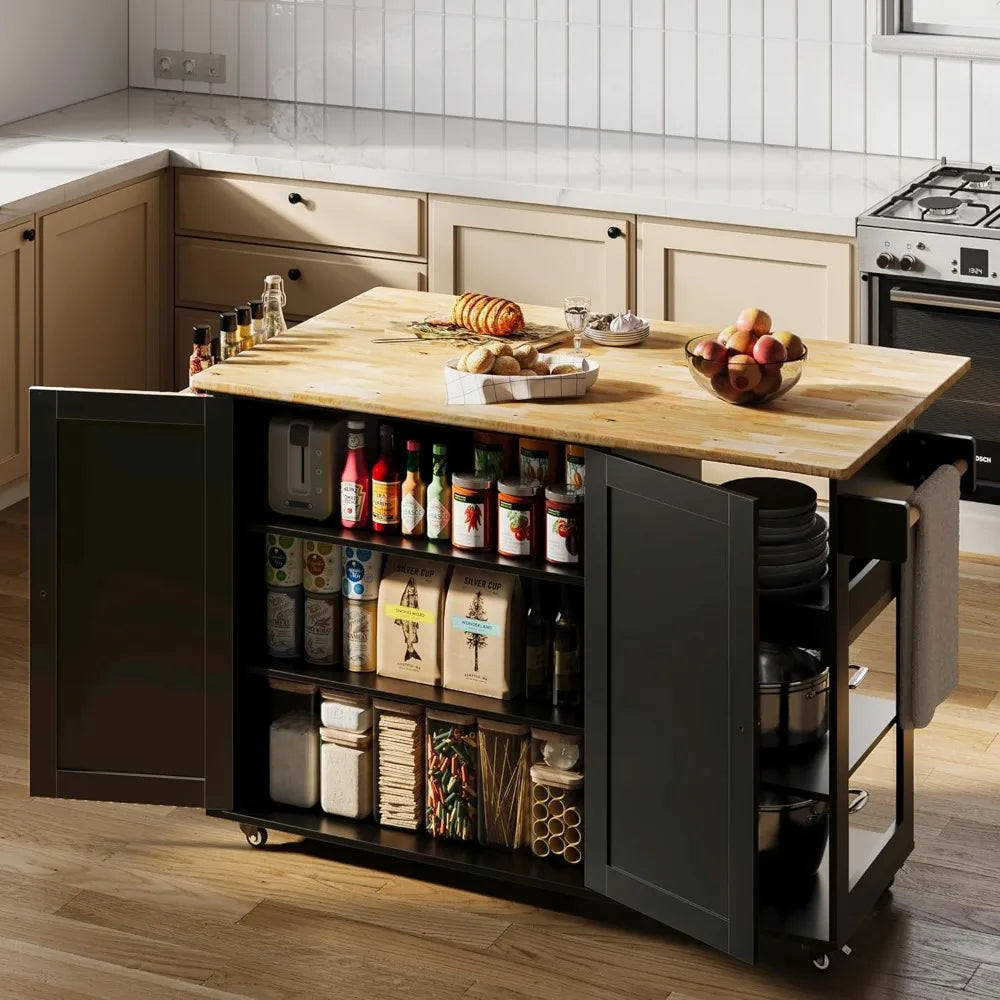 Rolling Kitchen Island with Drop Leaf, 60.6" Width Wood Countertop ,Kitchen Carts