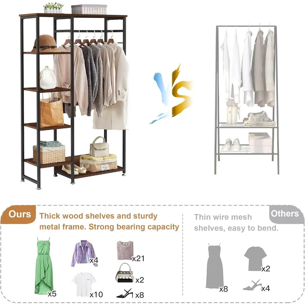 Clothing Rack, Free-Standing Heavy Duty Storage Closet with 5 Shelves and Hanging Rod for Small Spaces
