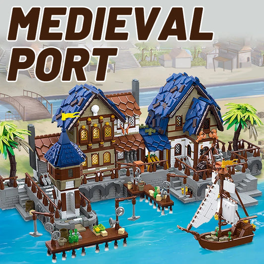 Street View Medieval Harbor Building Block,  House Assembly Model City Bricks With Lights Toys For Kids