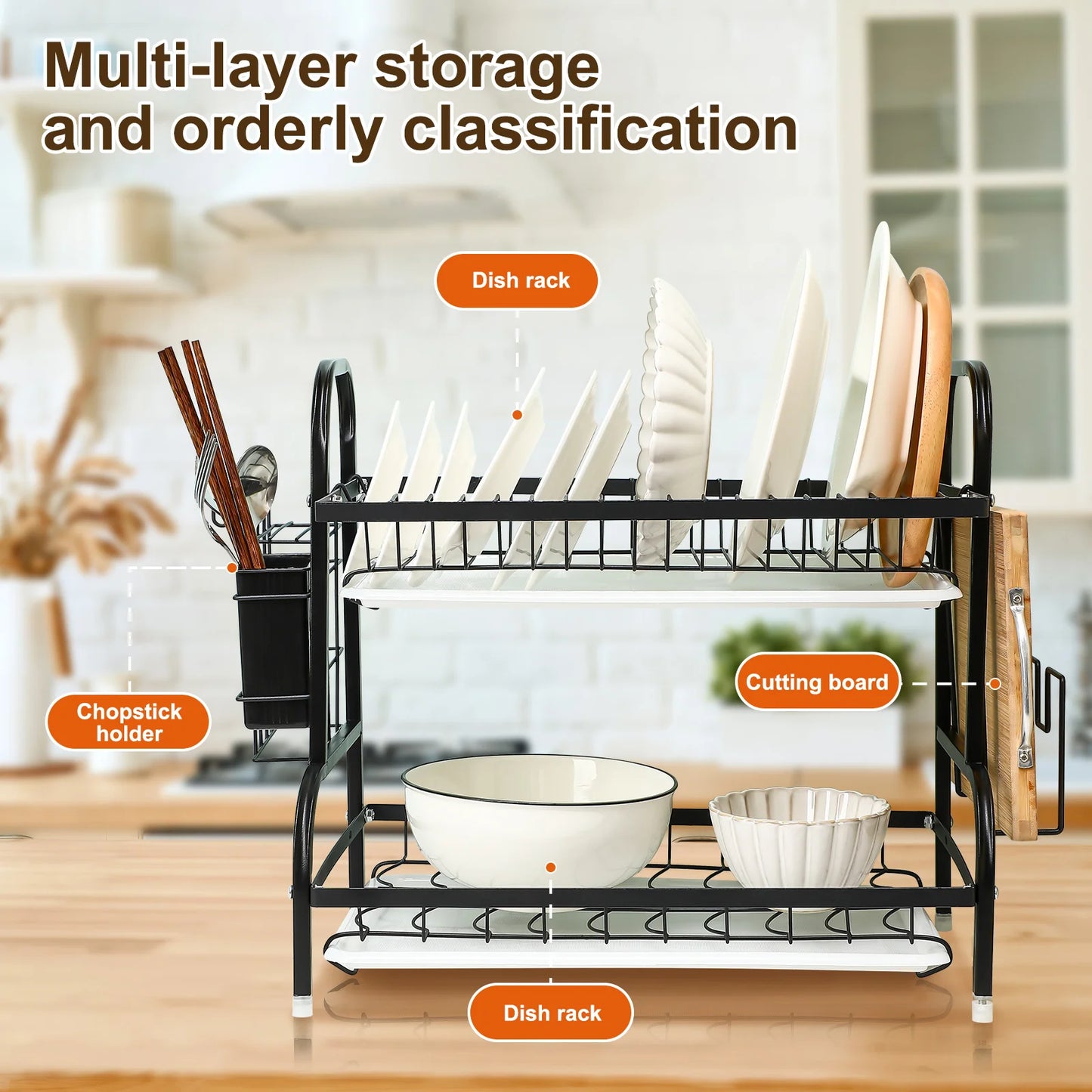 Tier Dish Drainer Rack Kitchen Plate Cutlery Drying Holder