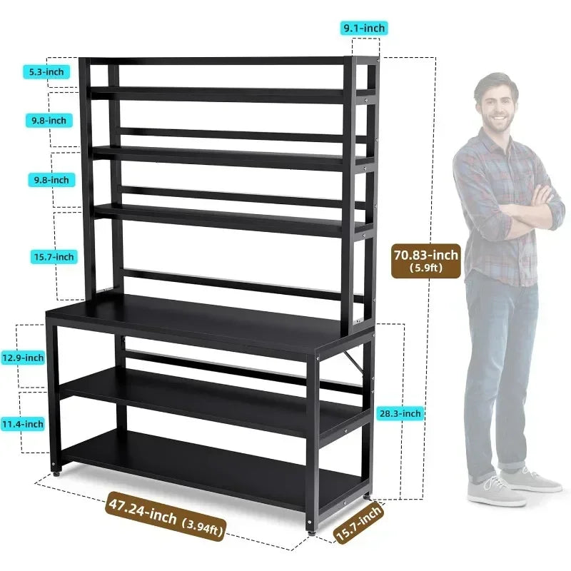 Large Bakers Rack for Kitchens, 6 Tiers  Stand with Hutch & Storage, Freestanding Tall Organizer