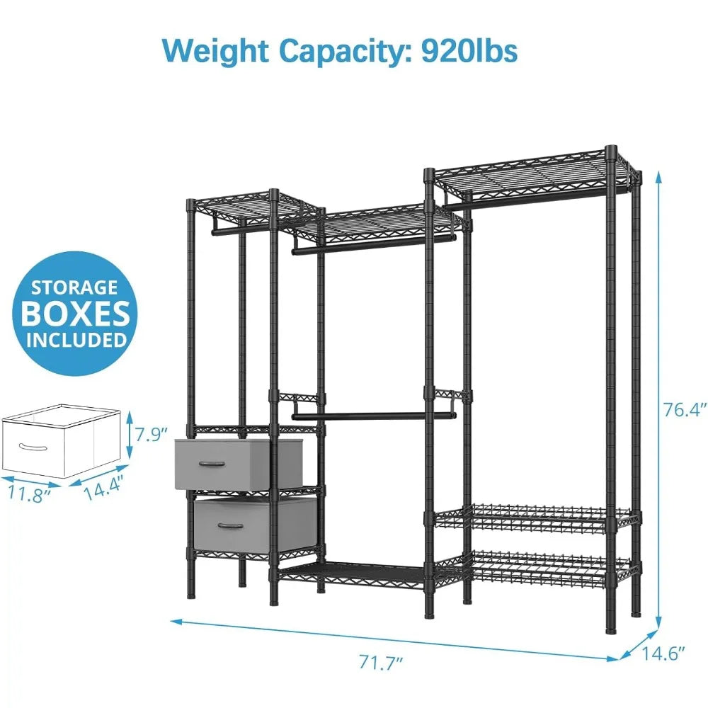 Heavy Duty Clothes Rack with Adjustable Shelf, 2 Storage Drawers, 2-Tier Shoes Racks,