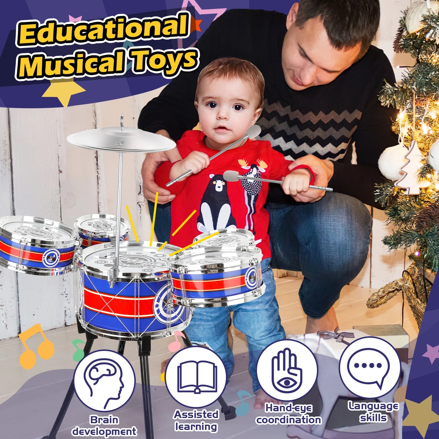 Kids  Drum Sets for  Beginners  with Stool &  5 Drums Musical Instruments