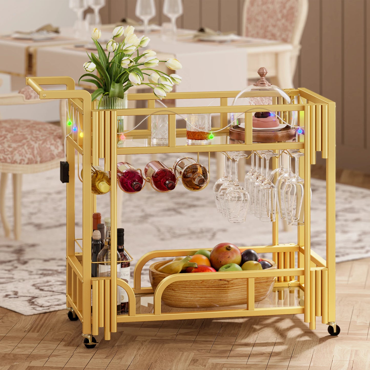 Bar Cart Gold, Home Bar Serving Cart with Led Bulb and Wine Rack Glass Holders,