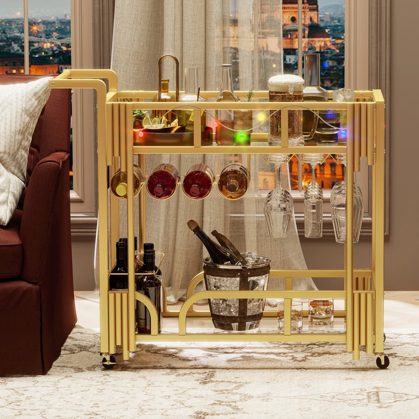 Bar Cart Gold, Home Bar Serving Cart with Led Bulb and Wine Rack Glass Holders,