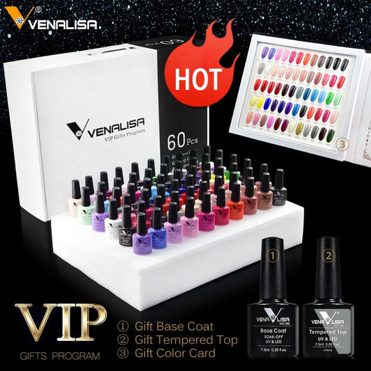 NAIL Kit Great Coverage Soak Off UV LED Nail Gel Polish Set Base Long Wear Top Coat Color Palette 60 Colors 7.5ml