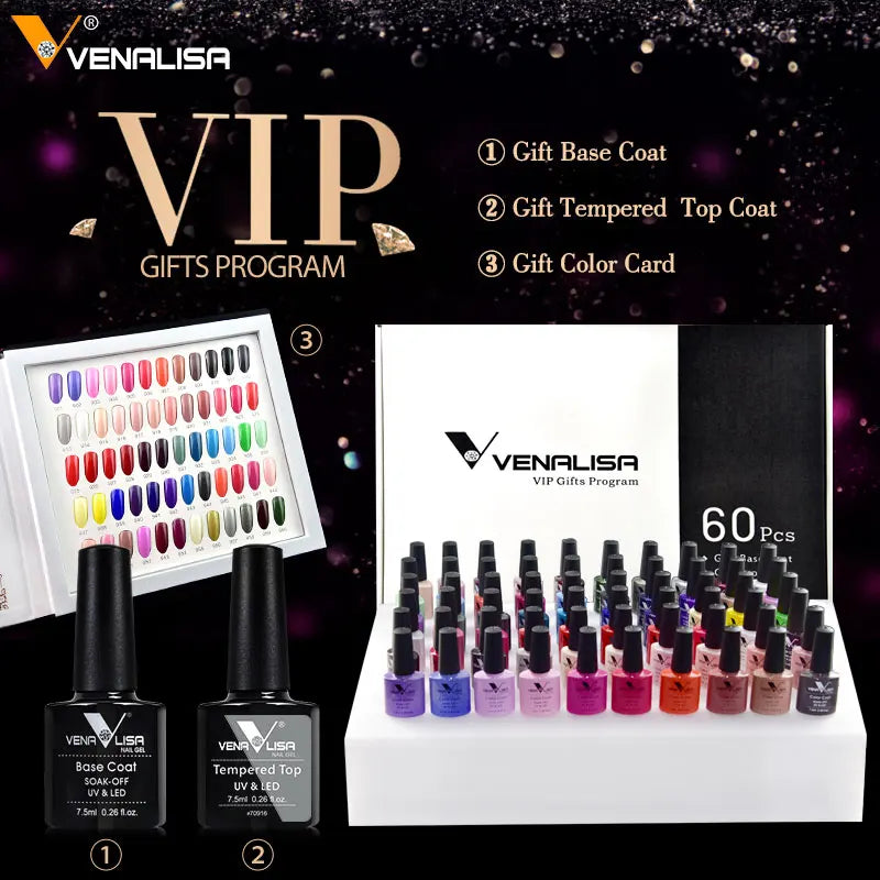 NAIL Kit Great Coverage Soak Off UV LED Nail Gel Polish Set Base Long Wear Top Coat Color Palette 60 Colors 7.5ml