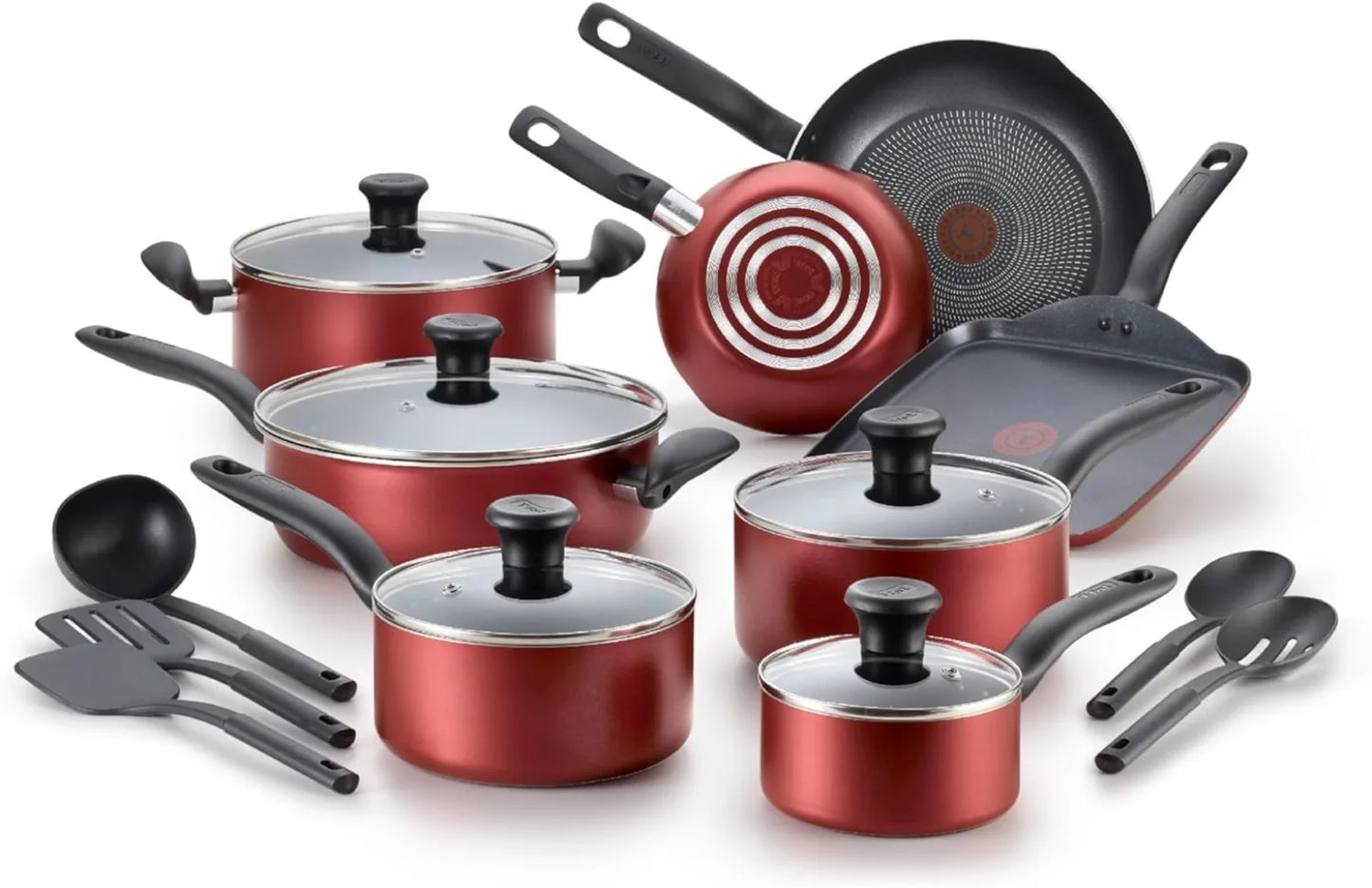 Nonstick Cookware Set 18 Piece, Oven Broiler Safe 350F, Dishwasher Safe, Red