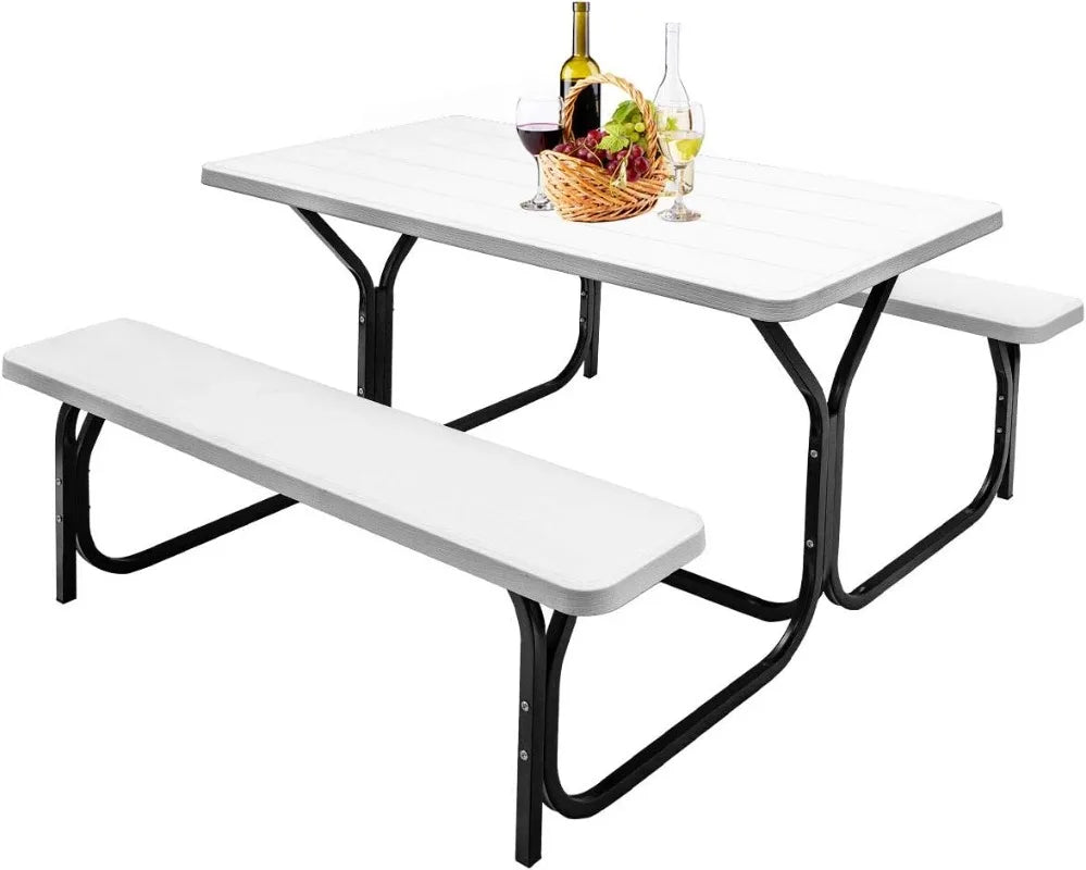 Picnic Table and Bench Easy to Assemble w/All Weather Wood Tabletop & Metal Frame