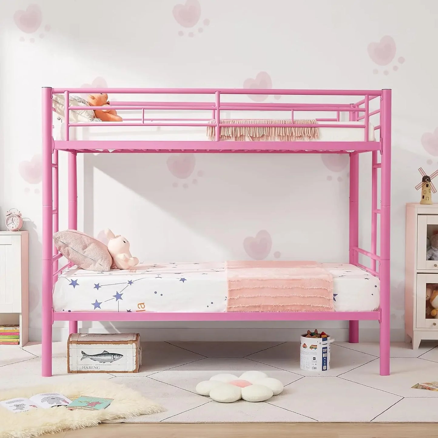 Metal Bunk Bed Twin Over Twin, Industrial with Ladder and Full-Length Guardrail, Noise Free, No Boxing Spring