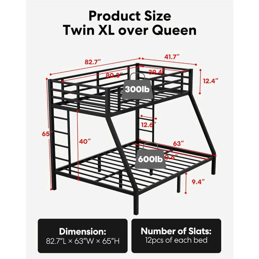 Twin XL Over Queen Bunk Bed, Heavy Duty  Bunk  Safety Side Ladder and Full Length High Guardrail