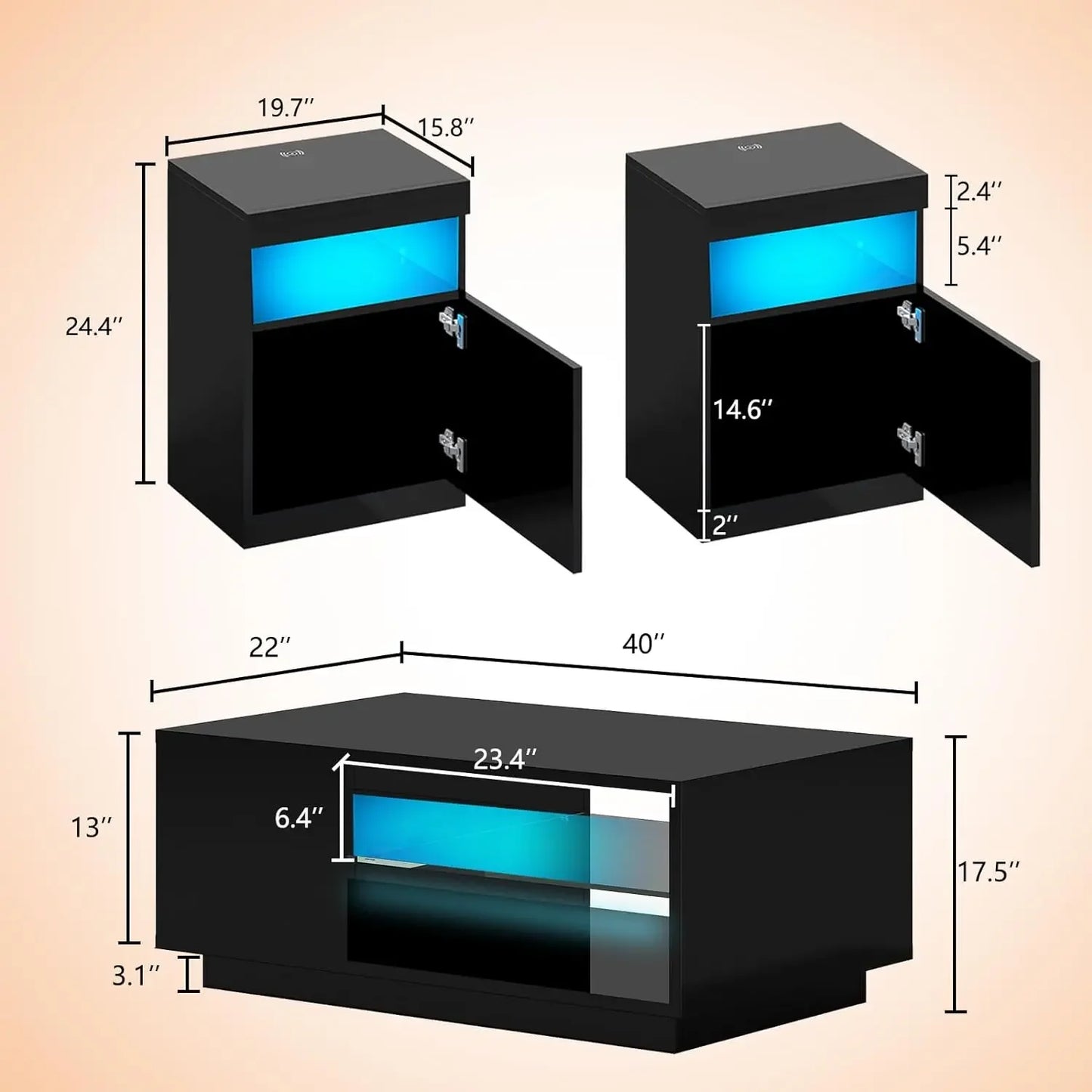 3-Piece  Table Set, Coffee Table with 20-Color LED Lights, 2 End Tables with Wireless Charging Station