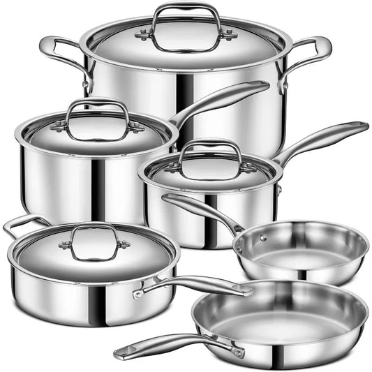 3 Ply Stainless Steel Cookware Set - 10-Piece, Full Clad, Induction, Non-Toxic, Oven Safe, Professional Pots