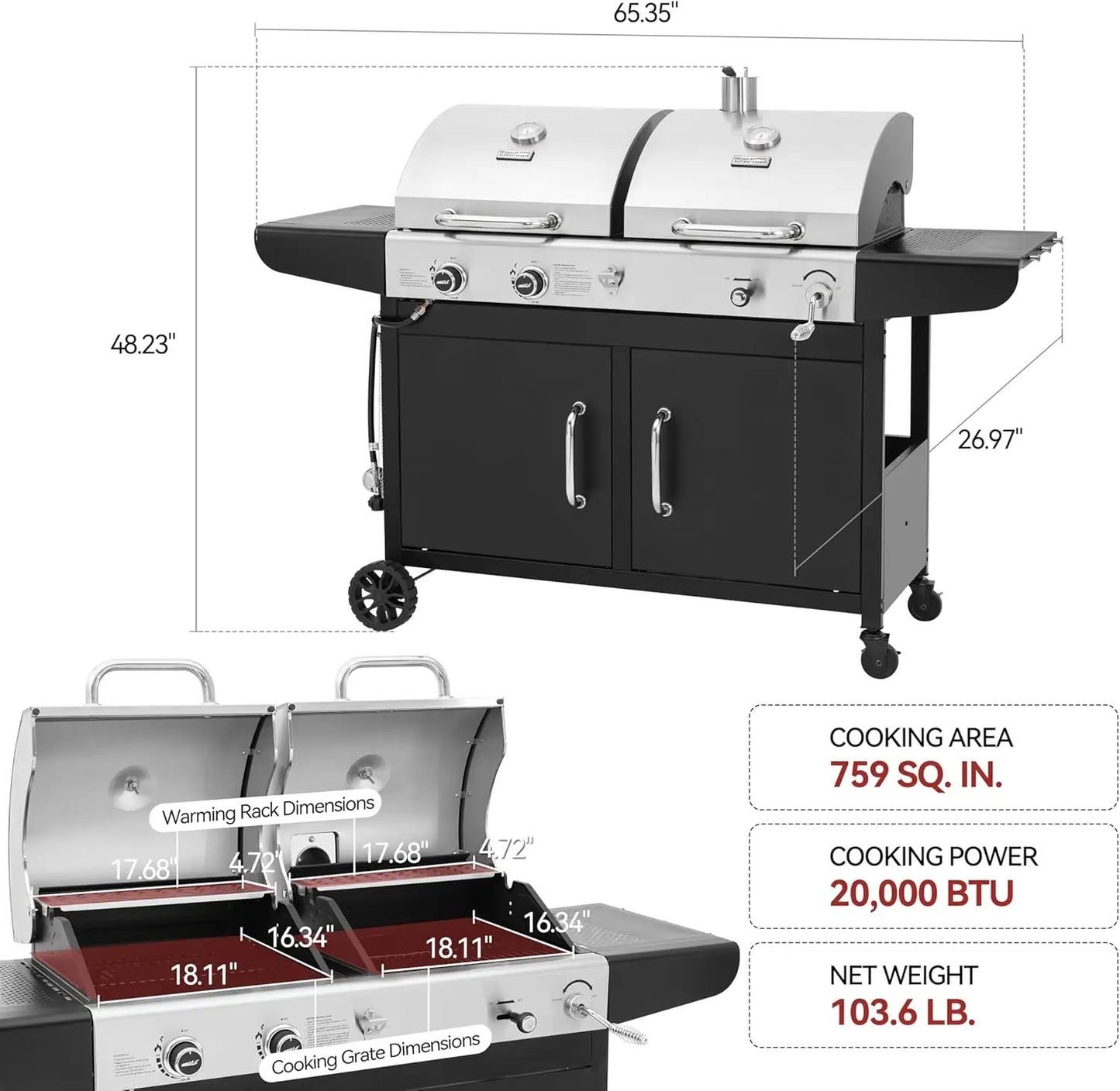 Gas and Charcoal Grill Combo, Dual Fuel BBQ Grill with 2 Side Shelves for Outdoor Patio