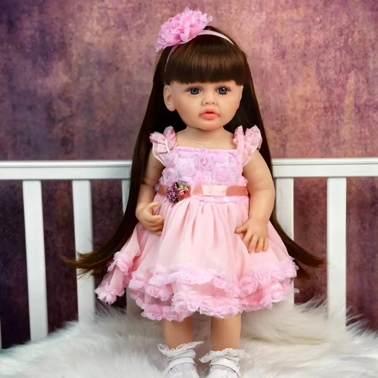 Reborn Baby Doll Realistic 55 cm Full Silicone Vinyl Body Long Brown Hair